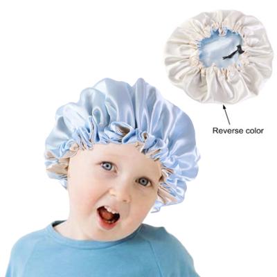 China Adjustable Custom Logo Comfortable Children Bonnet Double Layer Satin Hoods With Tighten String Sleep Caps For Hair Care for sale