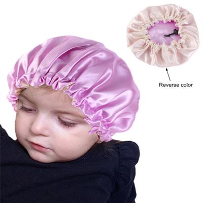 China 2021 Fashion Baby Hoods Designer Reversible Kids Silk Adjustable Satin Hair Hoods With Custom Logos for sale