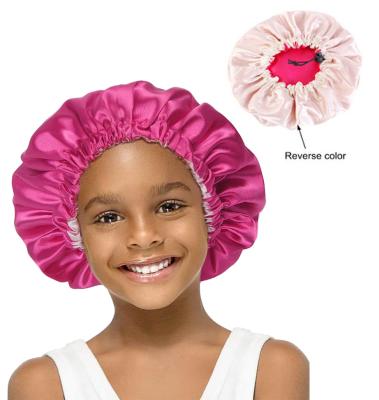 China 2021 Adjustable Reversible Baby Silk Satin Hair Bonnets Designer Bonnets with Custom Logos for sale