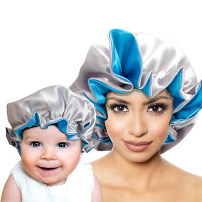 China Wholesale Custom Mommy and Me Available Positive and Negative Logo Hat Baby Bonnets Satin Hair Hood Sets for sale