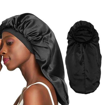 China Custom Logo Designer Long Silk Satin Sleep Hat Hair Cap Bonnets For Natural Curly Hair for sale