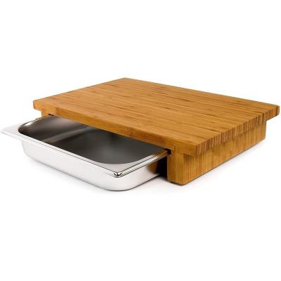 China Sustainable Wooden Kitchen Food Grade Bamboo Cutting Board With Sliding Stainless Steel Containers Trays for sale