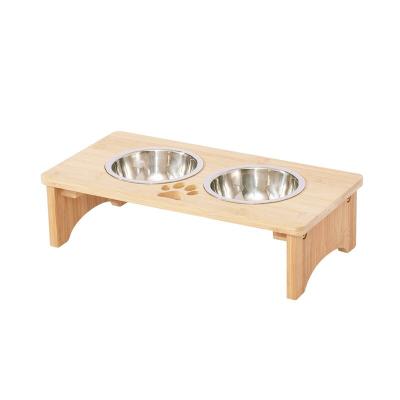 China High Sustainable Gog Or Cat Food Holder Pet Bottle Bamboo Feeder With Two Stainless Steel Bowls for sale