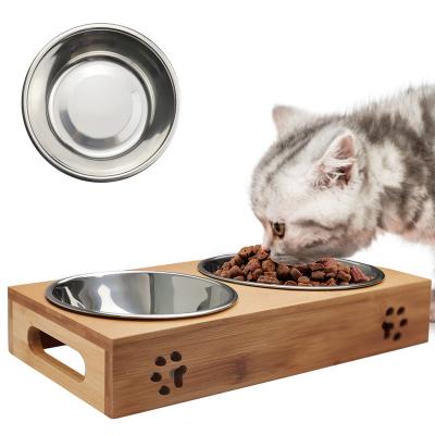 China Sustainable Bamboo Base Safe Steel Bowls Of Reasonable Prices Pet Water And Food Slow Feeder For Cat Dog for sale