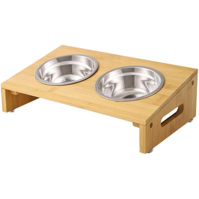 China Viable Wholesale Hot Selling Cats Dogs Pet Standing Water Food Feeder Bamboo Stand Steel Bowls for sale