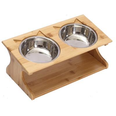 China 2022 Sustainable Multifunction OEM Bamboo Wooden Pet Cat Dog Bowl Pet Feeder Station Rack Double for sale