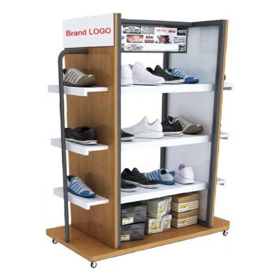 China Custom Logo Modern Fashion Metal Frame And Wood Shoes Display Rack for sale