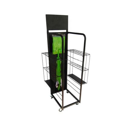 China OEM Custom Floor Standing Black Metal Umbrella Display Rack With Wheel for sale