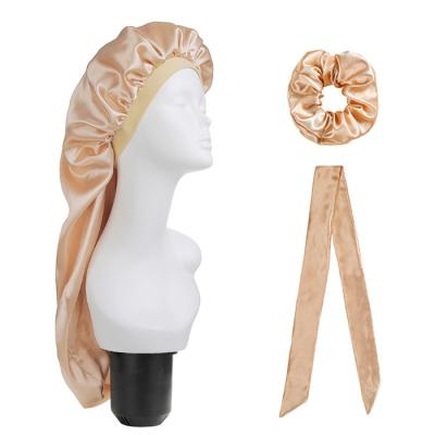 China Picture Satin Cap&Hair Band&Head Prohibit Soft Sleep Wide Set 3 Piece Elastic Band Long Tail Wig Care Night Cap Night Haircare for sale