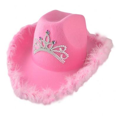 China Western Cowboy Hat Pink Women Glitter Image Style Party Hat Distorted Wide Brim With Crown Sequin Faux Fur Decoration Tiara Cowgirl Hat for sale