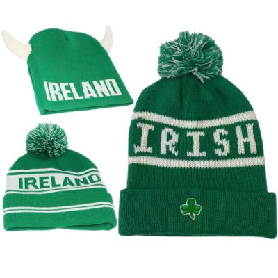 China COMMON Irish Shamrock Day Knit Beanie Hat Ireland Saint Patricks Day Beanie Knitted Hat Ireland Custom Beanie With Horn Irish Hat Knit for sale