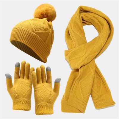 China COMMON 3pc Hat Set Winter Stylish Unisex Warm Acrylic Thicken Beanies Knitted Scarf Hat Touch Screen Gloves Set for sale