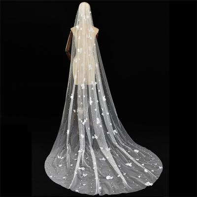 China Wedding Bridal Veil 3D Flower Tier Veil Handmade Pearly Cut Edge Floral Cathedral Wedding Veil With Pearls For Single for sale