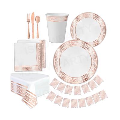 China 146Pcs Rose Gold Party Supplies Disposable Tableware Aluminum Foil Plates Napkins Cups Straws For Weddings Birthday Anniversary for sale