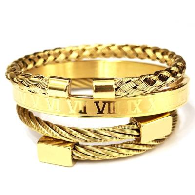 China Fashionable Wholesale Luxury Gold 3 PCs/Set Stainless Steel Roman Bangle PVD Cuff Bracelets For Men's Jewelry for sale