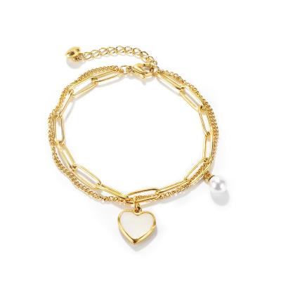 China Fashion Waterproof Stainless Steel Women Jewelry Fashion Shell Heart Pendant Paperclip Chain Link Bracelet for sale