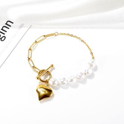 China Vintage Ladies Elegant Accessories Half Pearl Beads Gold OT Paper Clip Freshwater Baroque Chain Bracelet for sale