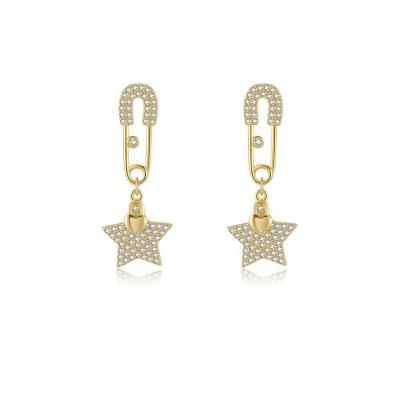 China Best Selling Safety Korean FASHIONABLE Pin Earrings Shining Micro Pave CZ Pin Hoop Drop Star Earrings for sale