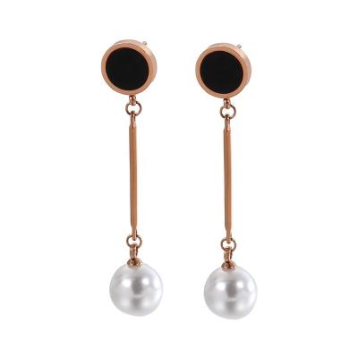 China Creative Romantic Long Tassel Drop Earrings Thin Stainless Steel Black Wedding Shell Pearl Dangle Earrings For for sale