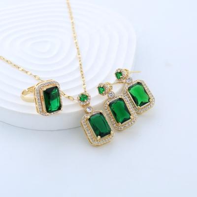 China Luxury Fine Gold 316L Stainless Steel Emerald Cubic Zirconia Bridal Jewelry Set Luxury For Women Wedding for sale