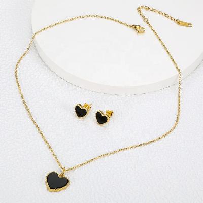 China Trendy Fashion Black Heart Pendant Earring Sets Gold Plated Stainless Steel Shell Mother Of Pearl Jewelry Sets for sale