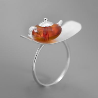 China Fashionable Handmade 925 Silver Jewelry Amber Vintage Teapot Adjustable Ring for sale