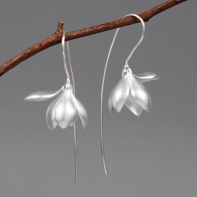 China 925 Sterling Silver Large Magnolia Flower TRENDY Handmade Drop Earrings For Women for sale