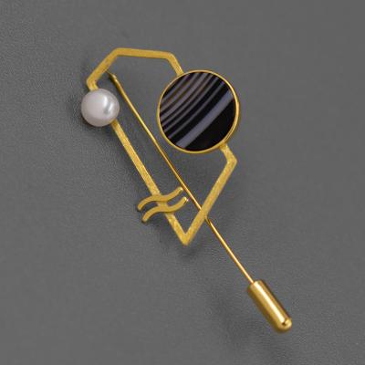 China Silver Natural Black and White Agate Geometric Brooch For Women Sterling Silver Metal Lapel Pin Brooches for sale