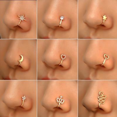 China 1Pc Rhinestone Plum Flower Heart Star Crown Punk Brass Clip On Nose Ear Clip Cuff Piercing Nose Ring For Women Girls Nariz for sale