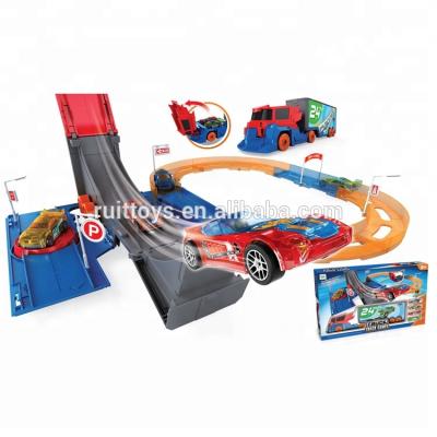 China Wholesale Truck Eco-friendly Material Plastic Container Toy Slot Car Set With 4 Alloy Cars for sale