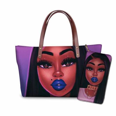 China Black Art Females Bolsas Purse African Girl Printing 2pcs/set High Quality Design Handbag&Wallet Ladies Luxury Women Handbags for sale