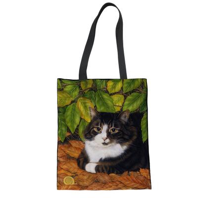 China Cat Printed Women Girls Cotton Tote Bag Canvas Custom High Quality Cartoon Shopping Bags for sale