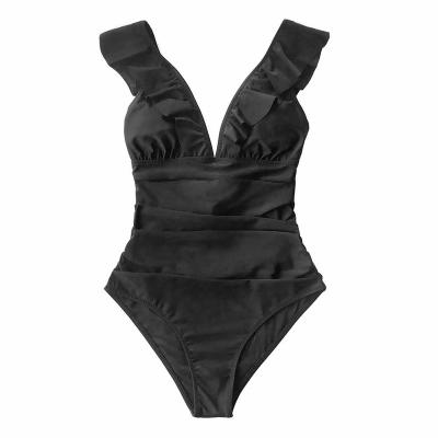 China 2022 New Girl's Beach Swimwear Antibacterial High Quality Solid Black Ruffled Monokini Sexy Lace Up Swimwear Women One Piece Swimsuit for sale