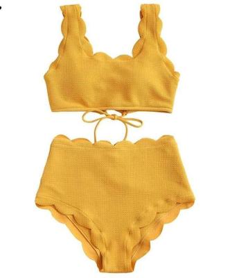 China Custom high quality women's swimwear sexy high waisted ruche-strap 2022 two pieces solid bikini scallop swimwear for sale