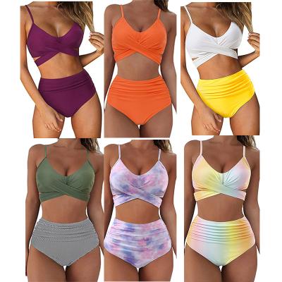 China 2022 Customs Antibacterial Cross Strap Waist Print Slit Bikini Top For Women Multicolor Swimwear Two Piece Set For Girls for sale