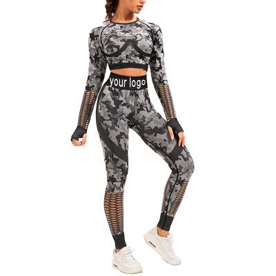 China Custom Logo Women Hollow Seamless Out Waist Breathable Backless Leggings High Two Piece Yoga Set Sportswear Gym for sale