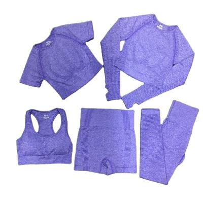 China Breathable Custom Logo 5 Piece Women Sportswear Women Sportswear Long Sleeve Active Crop Top 5 Piece Fitness Suit Gym Workout Clothing Seamless Yoga Set for sale