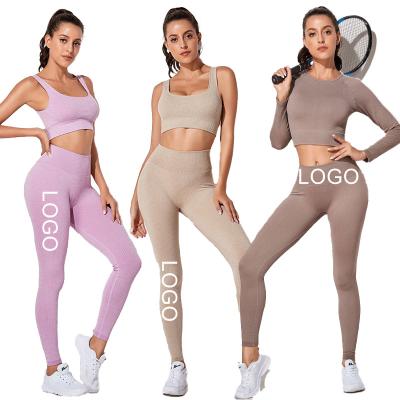 China Customization Breathable Women Autumn Gym Fitness Sets Training Ropa Deportiva Solid Ribbed Workout Clothing Yoga Jogging Seamless Set for sale