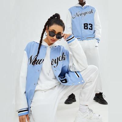 China Style Breathable Preppy Baby Blue Long Sleeve Letter Graphic Button Front Bomber Jacket Unisex for sale