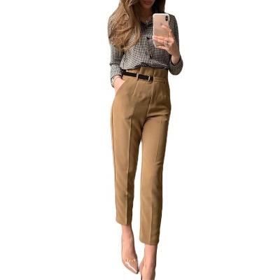 China Anti-Wrinkle Autumn Women High Waist Spring Female Casual Belt Long Pants Work Wear Lady Office Pant for sale