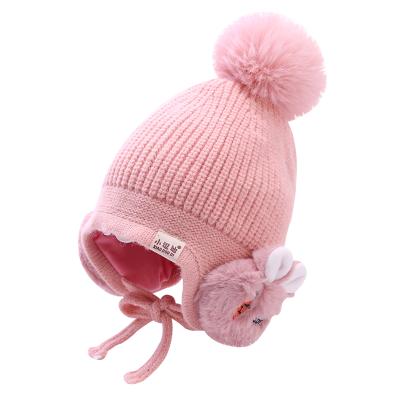 China 0-2 Years Old Soft Cute Crochet Little Girl Yellow Warm Earmuff Knit Hat for sale