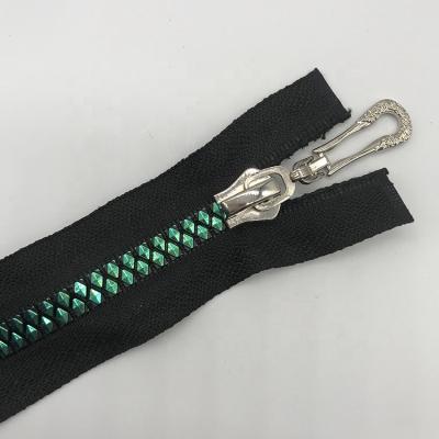 China Light weight and good texture resin black open zipper with green resin teeth with silver pull head for clothing and bags for sale