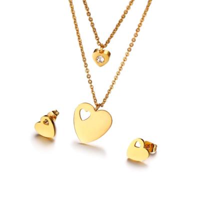 China Gorgeous Christmas Stainless Steel Necklace Earring Sets 18k Gold Plated Heart Double Layer Pendant Luxury Titanium Jewelry Sets Women for sale