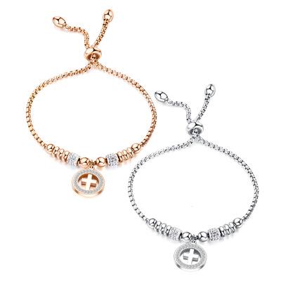 China Hot Selling Cute Wholesale 316L Stainless Steel Corn Chain Zircon Cross Charm Dangle Adjustable Titanium Women Bracelet for sale