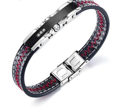 China Hiphop 2020 Hot Selling Vintage Stainless Steel Jewelry Custom Leather Zircon Beads Bangle Bracelet Men Red Titanium Women for sale