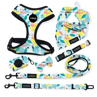 China Personalized Luxury Neoprene Dog Harness Set Custom Sublimation Print No Pull Soft Mesh Dog Harness Leash And Collar Set For Dogs for sale