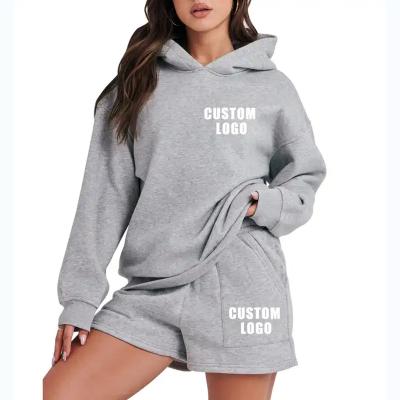 China Anti-pilling 2024 Custom Logo Sportswear Short Sweat Suits Set High Quality Women Two Piece Cropped Hoodie And Shorts Pants Set for sale