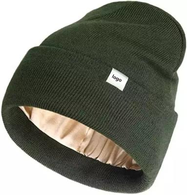 China COMMON Satin Lined Knit Beanie Hat Custom Label Soft Acrylic Winter Hats for Women Men Silk Lining Cuffed Beanie Hat for sale