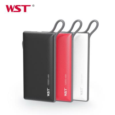 China Leather LED Display High Capacity 10000mah Mobile Slim Power Bank Built In Cable for sale