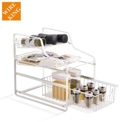 China 2 Tiers Kitchen Storage Stackable Sustainable Baskets With Drawer Metal Wire Spice Rack Baskets Seasoning Racks Spice Shelves for sale